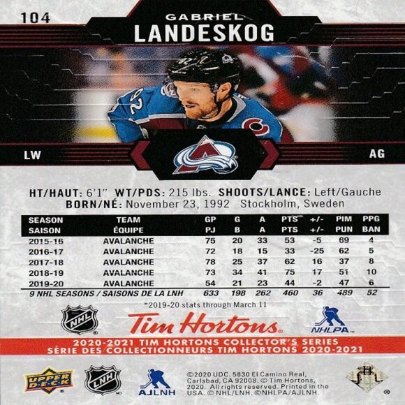 Gabriel Landeskog (Colorado Avalanche) 2020/2021 Tim Hortons Collector's Series - Picture 2 of 2